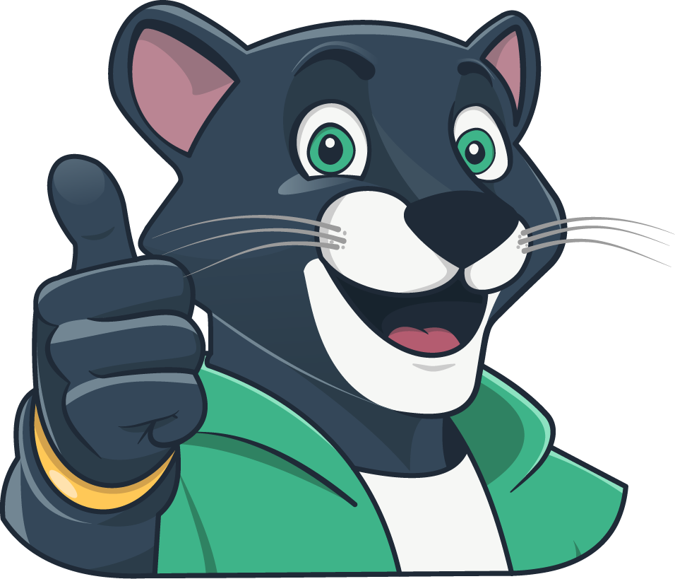ComyShop Panther Maskottchen zeigt Daumen hoch für modernen 24/7 Smartshop Bad Neustadt a.d. Saale