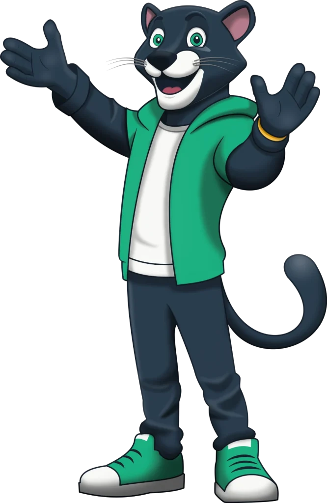 Panther Maskottchen begrüßt Besucher im ComyShop 24/7 für bequemes Einkaufen und Produkte entdecken